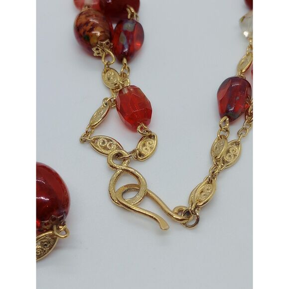 Vtg. 2 Strand Filigree Link Red Orange Murano Style Glass Gold Tone 32" Necklace - Picture 5 of 5